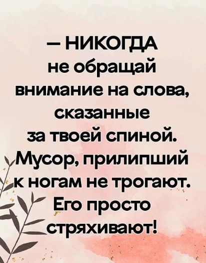 НИКОГДА не обращай внимание на слова сказанные за твоей спиной ук ногам не трогают уМуор прилипший а Его просто стряхивают Е