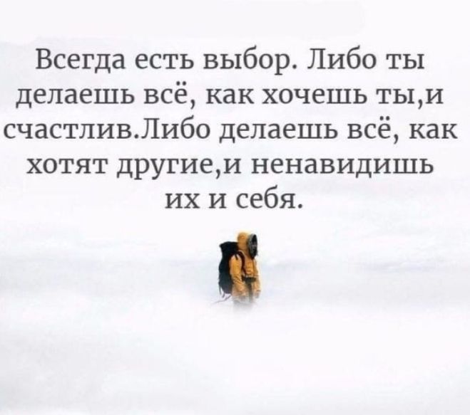 Всегда есть выбор Либо ты делаешь всё как хочешь ть1и счастливЛибо делаешь всё как хотят другиеи ненавидишь их и себя