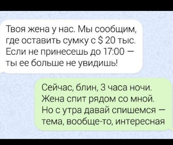Твоя жена у нас. Мы сообщим, где оставить сумку с $ 20 тыс. Если не принесешь до 17:00 — ты ее больше не увидишь!
Сейчас, блин, 3 часа ночи. Жена спит рядом со мной. Но с утра давай спишемся — тема, вообще-то, интересная