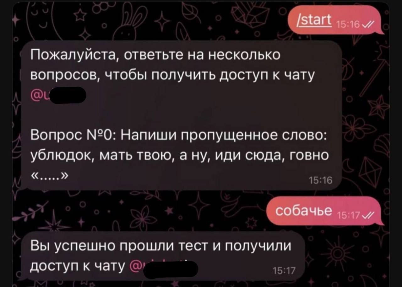 Пожалуйста ответьте на несколько вопросов чтобы получить доступ к чату Вопрос 0 Напиши пропущенное слово ублюдок мать твою а ну иди сюда говно 1516 Вы успешно прошли тест и получили доступ к чату й 1517