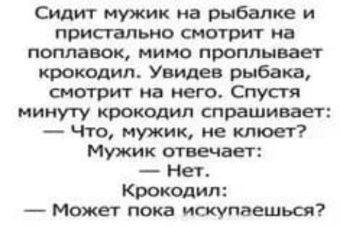 Сидит мужик на рыбалке и пристально смотри г на поплавок мимо проплывает крокодил Увидев ры6ака смотрит на него Спустя минуту крокодил спрашивает Что мужик не клюет Мужик отвечает Нет Крокодил Может пока искупаешься