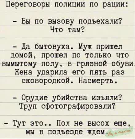 Переговоры полиции по рации Вы по вызову подъехали Что там Да бытовуха Муж пришел домой прошел по только что вымытому полу в грязной обуви Жена ударила его пять раз сковородкой Насмерть Орудие убийства изъяли Труп сфотографировали Тут это Пол не высох еще мы в подъезде ждем