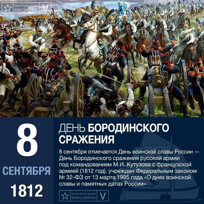 СЕНТЯБРЯ 1812 ДЕНЬ БОРОДИНСКОГО СРАЖЕНИЯ В сентября отмечается День воинской славы России День Бородинского сражения русской армии под командованием МИ Кутузова с французской армией 1812 год учрежден Федеральным законом 32 ФЗ от 13 марта 1995 года О днях воинской славы и памятных датах России М