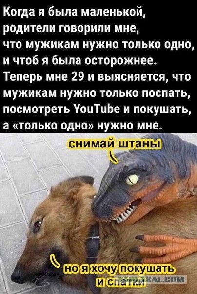 Когда я была маленькой родители говорили мне ЧТО мужикам НУЖНО ТОЛЬКО ОДНО и чтоб я была осторожнее Теперь мне 29 и выясняется что мужикам нужно только поспать посмотреть УоиТиЬе и покушать а только одно нужно мне