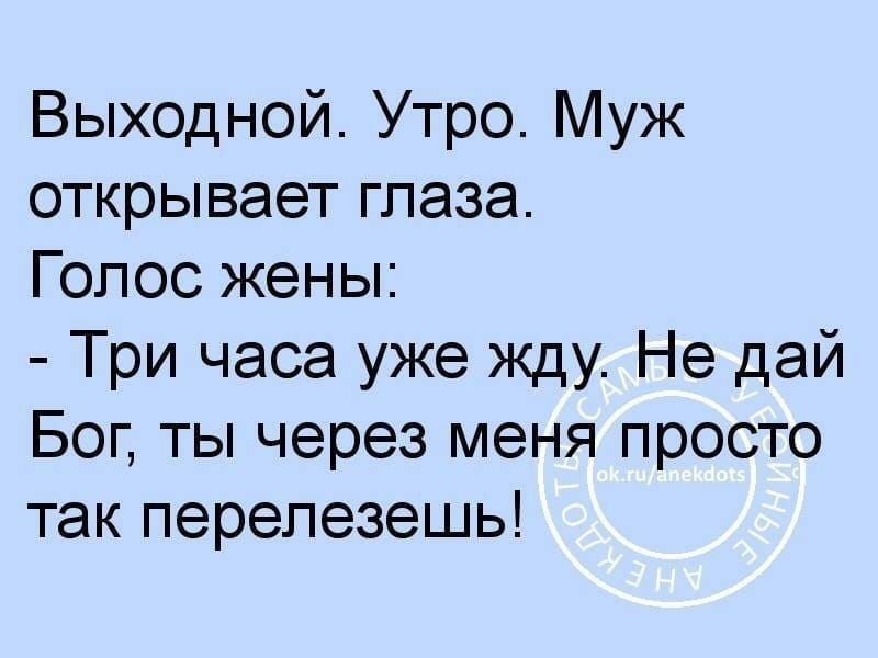 Выходной Утро Муж открывает глаза Голос жены Три часа уже жду Не дай Бог ты через меня просто так перепезешь