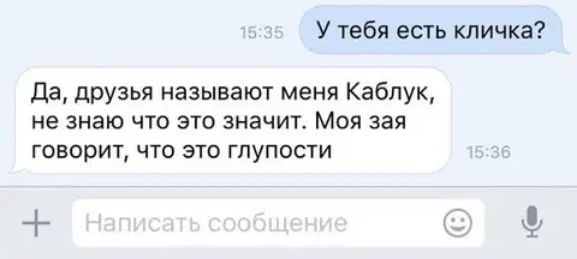 У тебя есть кличка Да друзья называют меня Каблук не знаю что это значит Моя зая ГОВОРИТ ЧТО ЭТО ГЛУПОСТИ