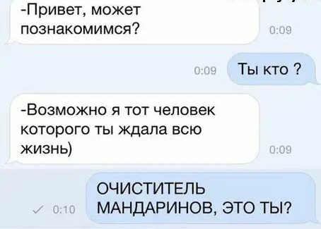 Привет может познакомимся Ты кто Возможно я тот человек которого ты ждала всю жизнь ОЧИСТИТЕЛЬ МАНДАРИНОВ ЭТО ТЫ