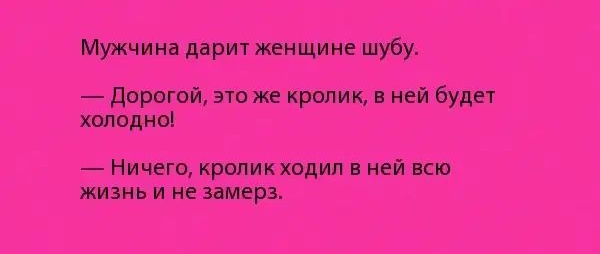 Мужчина дарит женщине шубу Дорогой это же кролик в ней будет холодно Ничего кропикходип ней всю жизнь и не замерз
