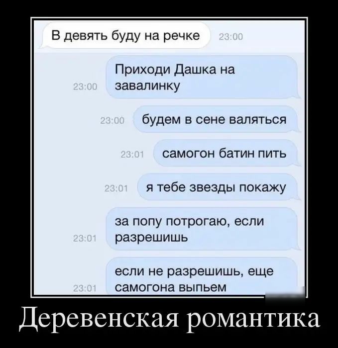 В девять буду на речке Приходи Дашка на завалинку будем в сене валяться СЗМОГОН батин ПИТЬ Я тебе ЗВЕЗДЫ покажу за попу потрогаю если разрешишь ЕСЛИ не разрешишь еще СЗМОГОНБ выпьем Деревенская романтика