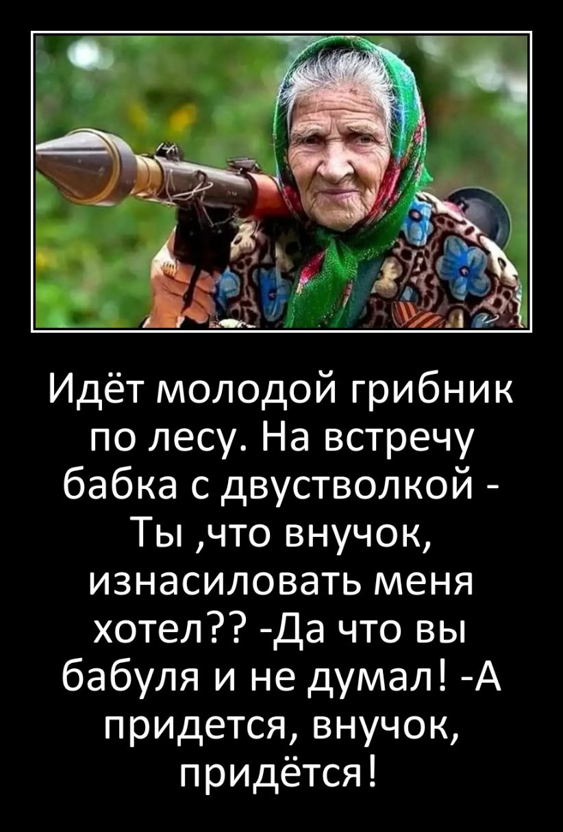 Идёт молодой грибник по лесу На встречу бабка с двустволкой Ты что внучок изнасиловать меня хотел Да что вы бабуля и не думал А придется внучок придётся