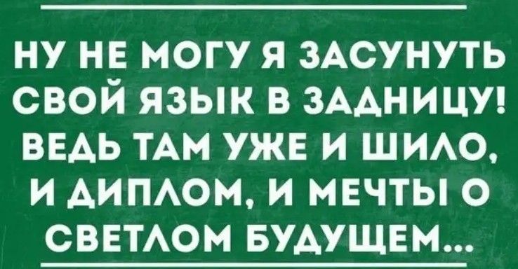 ну не могу я зАсунуть свой язык в ЗААНИЦУ ведь им ужв и щит и АИПАОМ и мечты о СВЕТАОМ БУАУЩЕМ