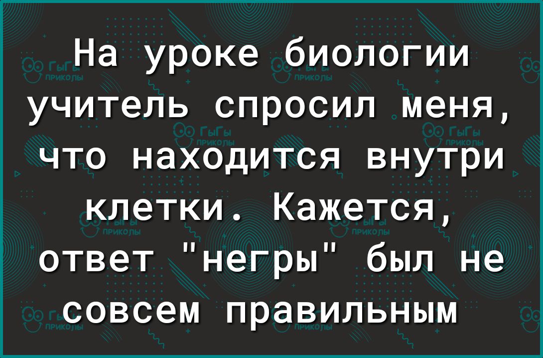 На уроке биологии учитель спросил меня что находится внутри клетки Кажется ответ негры был не совсем правильным