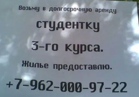 Впзьму в допгпсрпчную аренду студентку 3го курса Жилье предоставит 79628089722