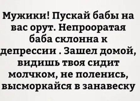 Мужики Пускай бабы на вас орут Непрооратая баба склонна к депрессии Зашел домой видишь твоя сидит молчиом не поленись высморкайся в занавеску