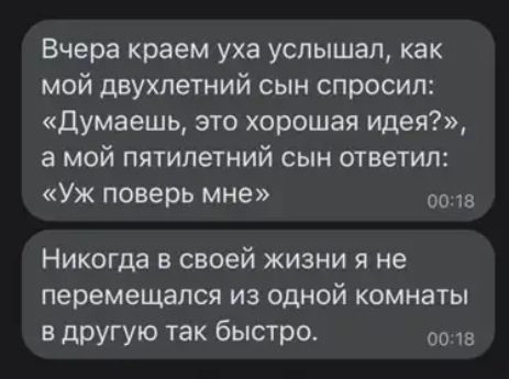 Вчера краем уха услышал как мой двухлетний сын спросил Думаешь это хорошая идея а мой пятилетний сын ответил УЖ поверь мне 0018 Никогда в своей жизни я не перемещался из одной комнаты в другую так быстро