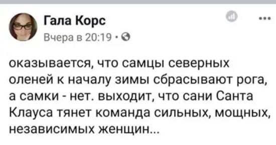Гала Корс Вчера в 2019 оказывается что самцы северных оленей к началу зимы сбрасывают рога а самки нет выходит что сани Санта Клауса тянет команда сильных мощных независимых женщин