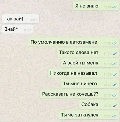 Так зай Знай Я не знаю По умолчанию в автозамене Такого слова нет А заей ты меня Никогда не называл Ты мне ничего Рассказать не хочешь Собака Ты че заткнуюя их и 1