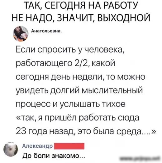 ТАК СЕГОДНЯ НА РАБОТУ НЕ НАДО ЗНАЧИТ ВЫХОДНОЙ Анатольевна Если спросить у человека работающего 22 какой сегодня день недели то можно увидеть долгий мыслительный процесс и услышать тихое так я пришёл работать сюда 23 года назад это была среда Александр _ до боли знакомо