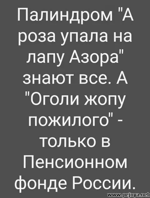 Палиндром А роза упала на лапу Азора знают все А Оголи жопу пожилого только в Пенсионном фонде России