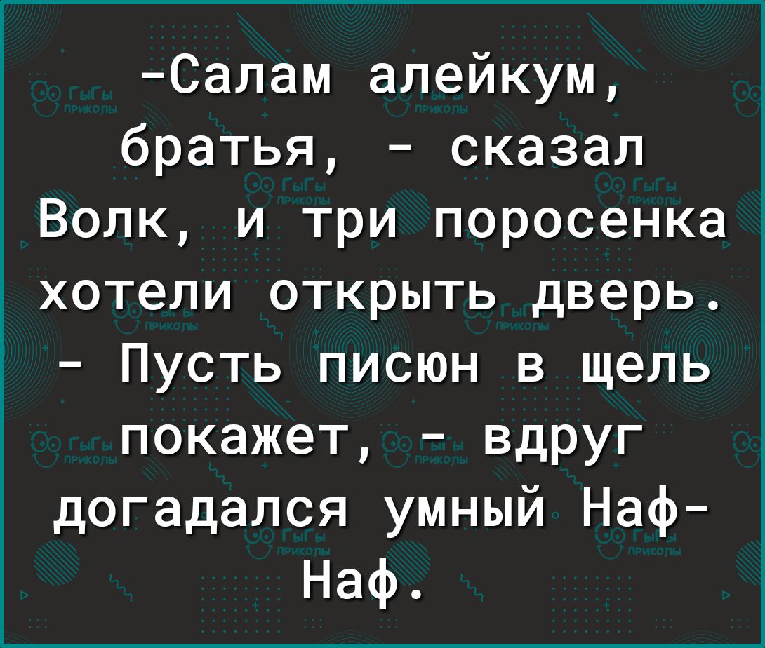 Салам алейкум братья сказал Волк и три поросенка хотели открыть дверь Пусть писюн в щель покажет вдруг догадался умный Наф Наф