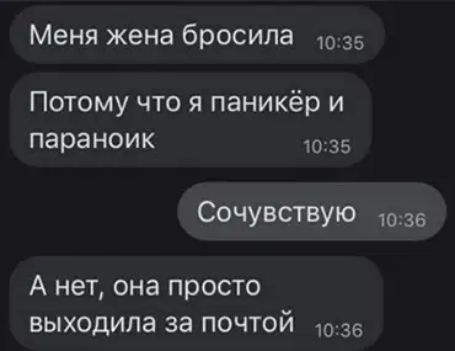 МЕНЯ жена бросила 35 Потому что я паникёр и параноик 10 35 Сочувствую 1036 А нет она просто выходила за почтой 1036