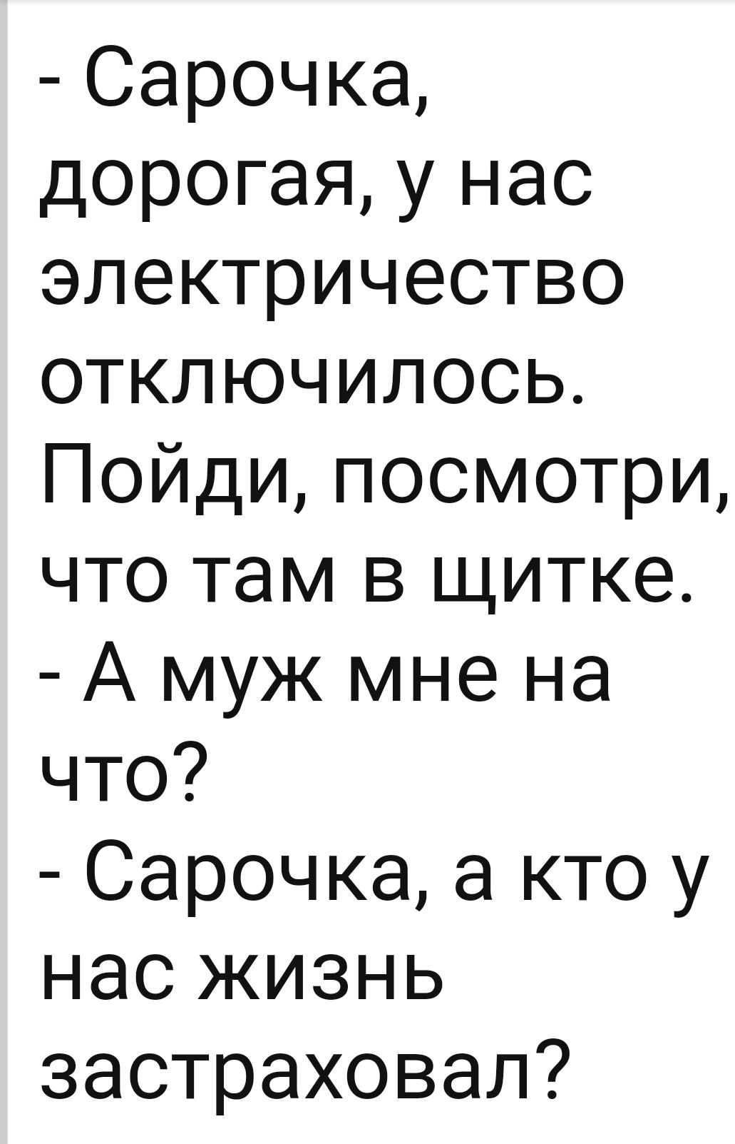 Сарочка дорогая у нас электричество отключилось Пойди посмотри что там в щитке А муж мне на что Сарочка а кто у нас жизнь застраховал