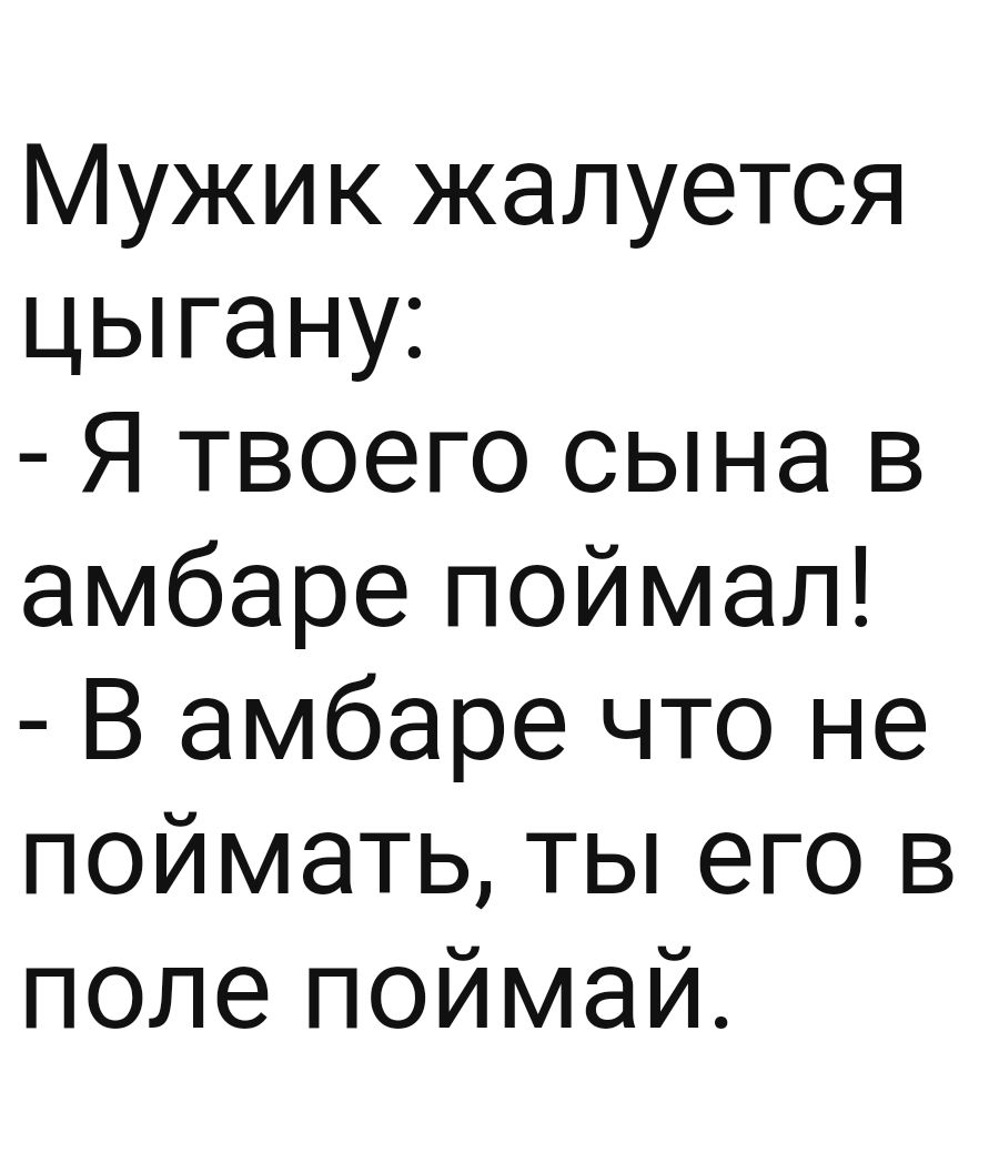 Мужик жалуется цыгану Я твоего сына в амбаре поймал В амбаре что не поймать ты его в поле поймай