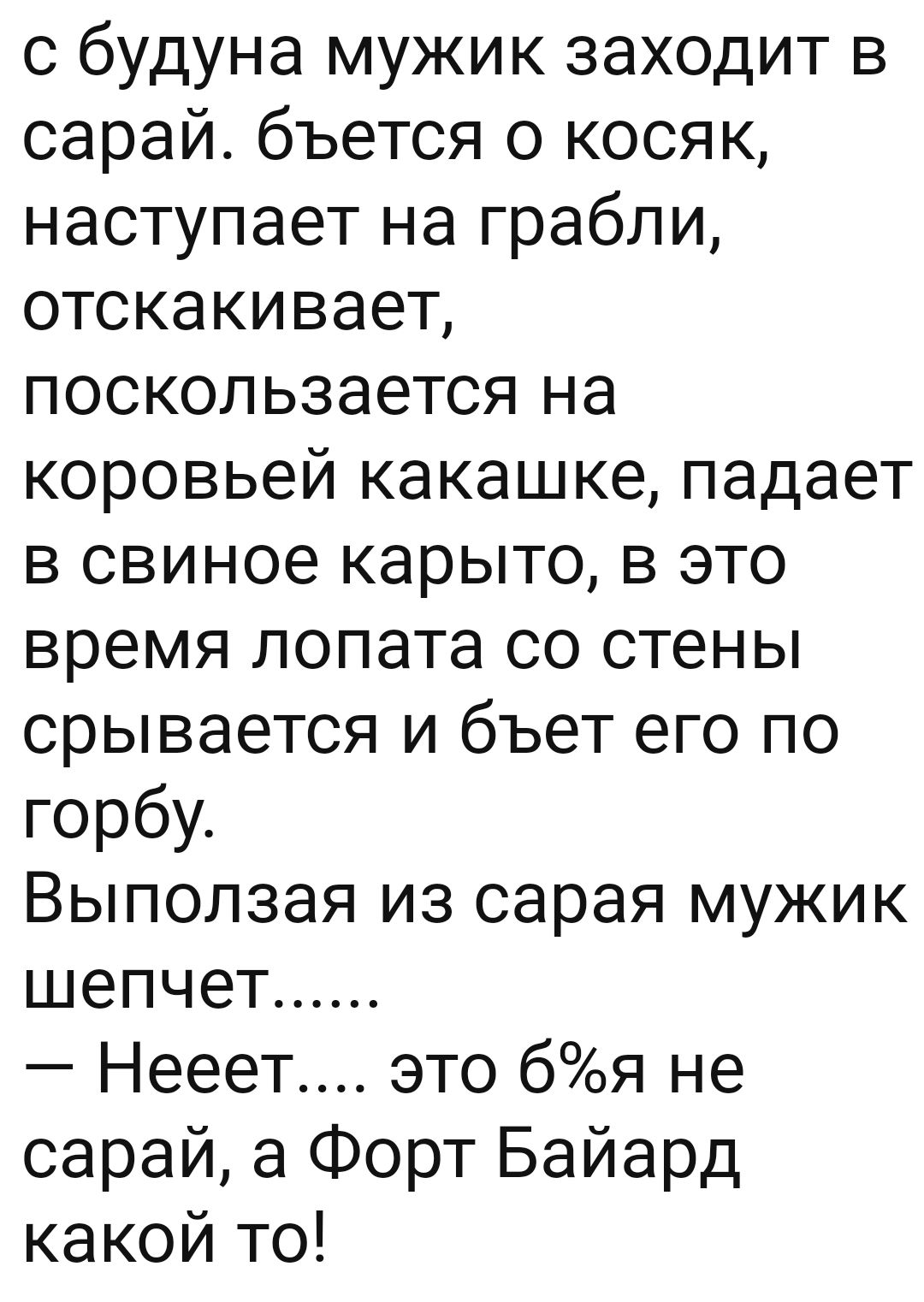 с будуна мужик заходит в сарай бъется о косяк наступает на грабли отскакивает поскользается на коровьей какашке падает в свиное карыто в это время лопата со стены срывается и бъет его по горбу Выползая из сарая мужик шепчет Нееет это бя не сарай а Форт Байард какой то