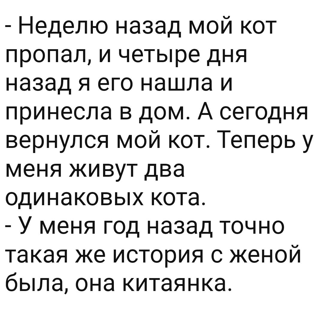 Неделю назад мой кот пропал и четыре дня назад я его нашла и принесла в дом А сегодня вернулся мой кот Теперь у меня живут два одинаковых кота У меня год назад точно такая же история с женой была она китаянка