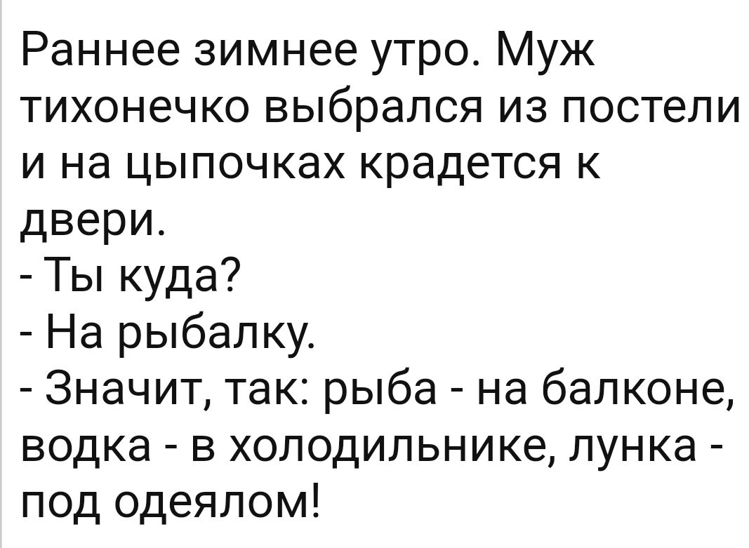 Раннее зимнее утро Муж тихонечко выбрался из постели и на цыпочках крадется к двери Ты куда На рыбалку Значит так рыба на балконе водка в холодильнике лунка под одеялом