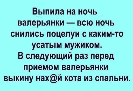 Выпила на ночь валерьянки всю ночь снились поцелуи каким то усатым мужиком В следующий раз перед приемом валерьянки выкину нахй кота из спальни