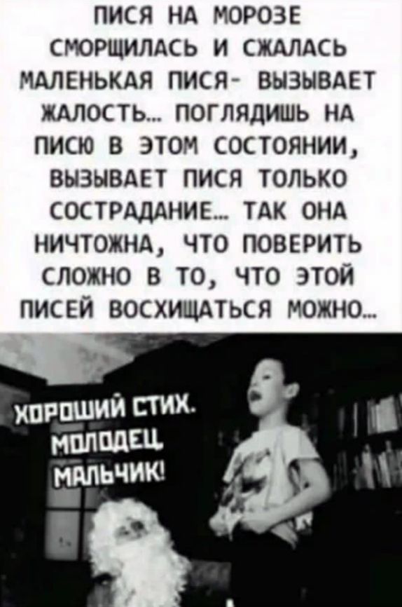 ПИСЯ НА МОРОЗЕ СМОРОЩИЛАСЬ И ЖАЛАСЬ МАЛЕНЬКАЯ ПИСЯ - ВЫЗЫВАЕТ ЖАЛОСТЬ... ПОГЛЯДИШЬ НА ПИСЮ В ЭТОМ СОСТОЯНИИ, ВЫЗЫВАЕТ ПИСЯ ТОЛЬКО СОСТРАДАНИЕ... ТАК ОНА НИЧТОЖНА, ЧТО ПОВЕРИТЬ СЛОЖНО В ТО, ЧТО ЭТОЙ ПИСЕЙ ВОСХИЩАТЬСЯ МОЖНО... ХОРОШИЙ СТИХ. МОЛОДЕЦ, МАЛЬЧИК!