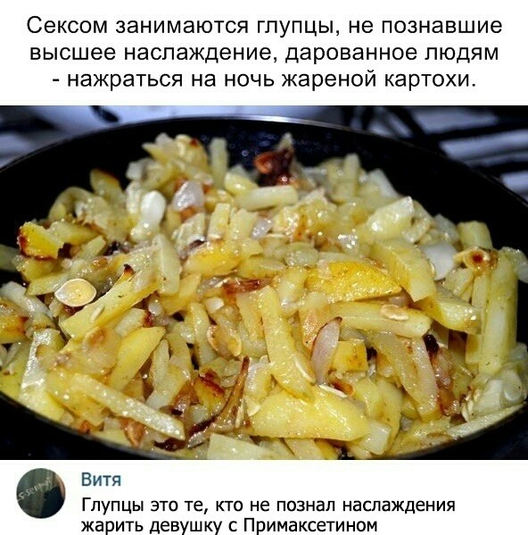 Сексом занимаются глупцы не познавшие высшее наслаждение дарованное людям нажраться на ночь жареной картохи Витя Глупцы это те кто не познал наслаждения жарить девушку с Примаксетином