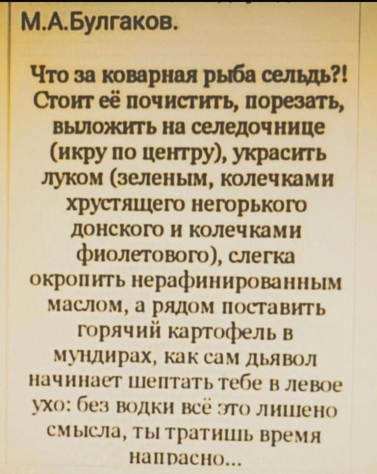 МАБулгаков Что за коварная рыба сельдь Стоит её почистить порезать выложить на селедочнице икру по центру украсить луком зеленым колечками хрустящего негорького донского и колечками фиолетового слегка окропить нерафинированным маслом а рядом поставить горячий картофель в мундирах как сам дьявол начинает шептать тебе в левое ухо без водки всё это ли