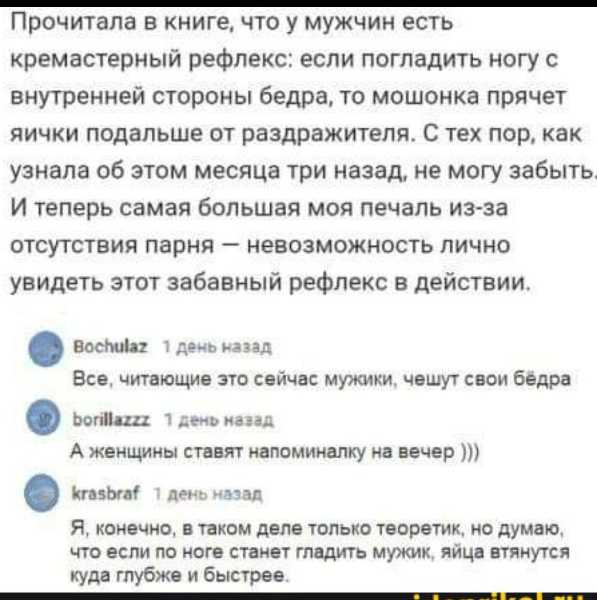 Прочитала в книге что у мужчин есть кремастерный рефлекс если погладить ногу с внутренней стороны бедра то мошонке прячет яички подальше от раздражители с тех пор как узнала об этом месяца три назад не могу забыть И теперь самая большая моя печаль из за отсутствия парня невозможность лично увидеть этот забавный рефлекс в действии д и ЕС чтющн это сойчнс мутаки пишут пон адр А женщины спит и пацншк