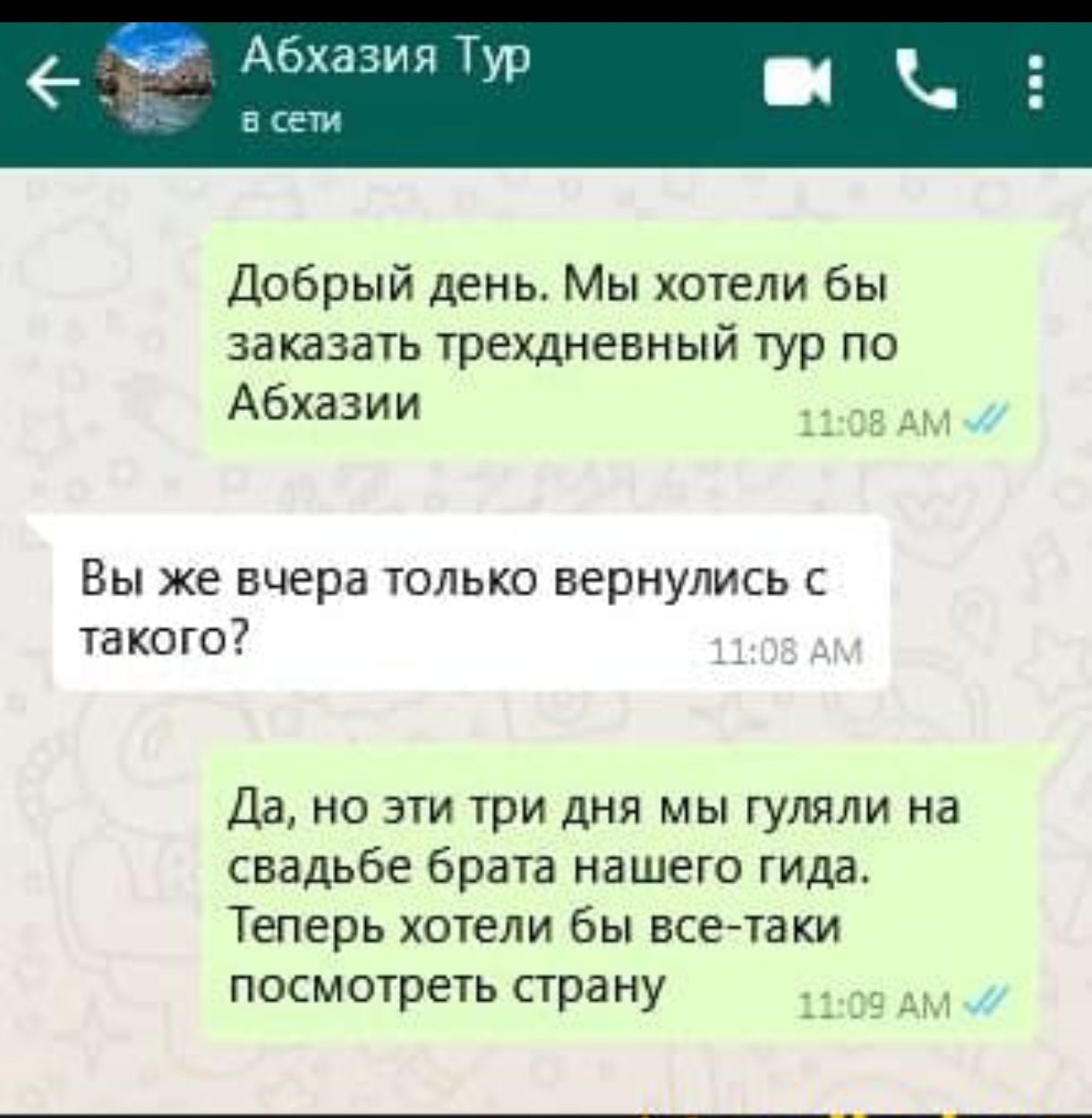 а Абхазия Тур в Добрый день Мы хотели бы заказать трехдневный тур по Абхазии 1108 АМ Вы же вчера только вернулись с такого Да но эти три дня мы гуляли на свадьбе брата нашего гида Теперь хотели бы все таки посмотреть страну ое АЙ