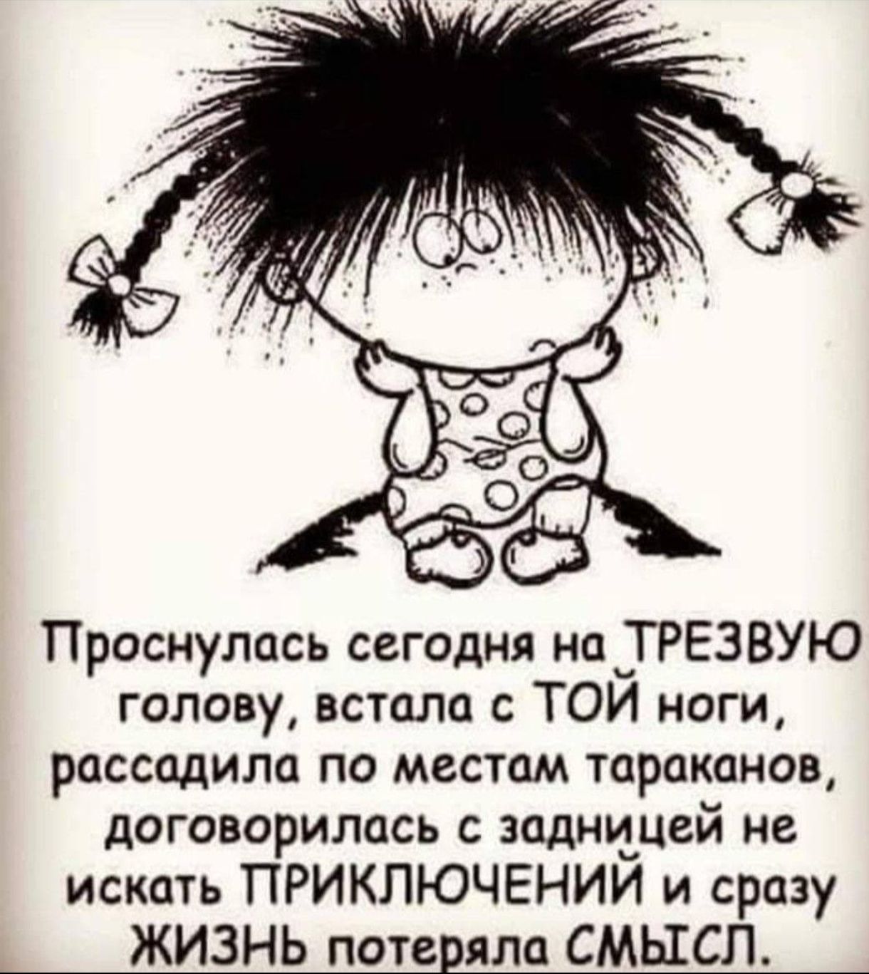 Проснулась сегодня на ТРЕЗВУЮ голову, встала с ТОЙ ноги, рассадила по местам тараканов, договорилась с задней не искать ПРИКЛЮЧЕНИЙ и сразу ЖИЗНЬ потеряла СМЫСЛ.