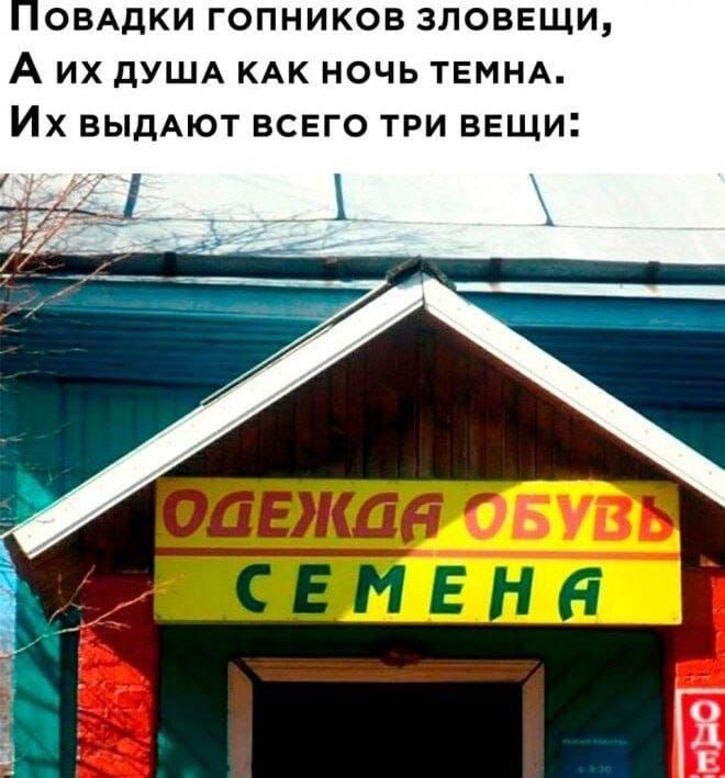 Поведки гопников зловещи, А их душа как ночь темна. Их выдают всего три вещи: ОДЕЖДА ОБУВЬ СЕМЕНА