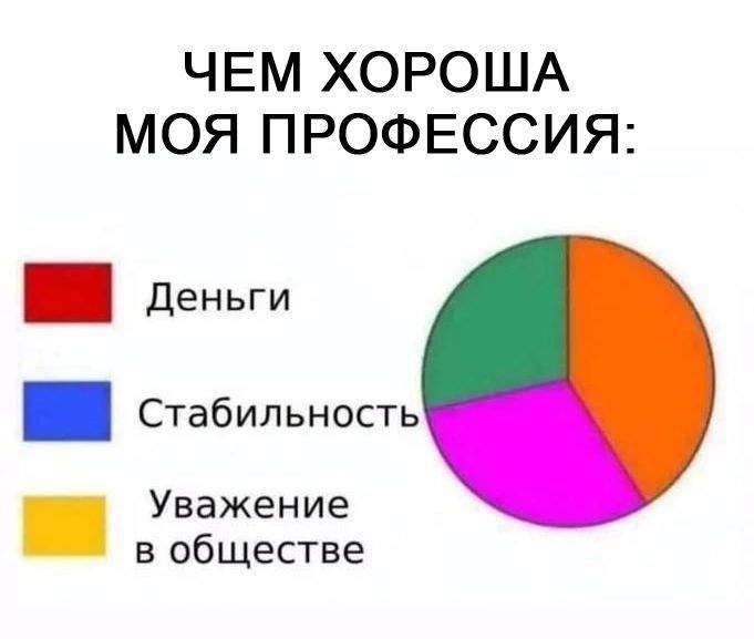 ЧЕМ ХОРОША МОЯ ПРОФЕССИЯ:

Деньги

Стабильность

Уважение в обществе