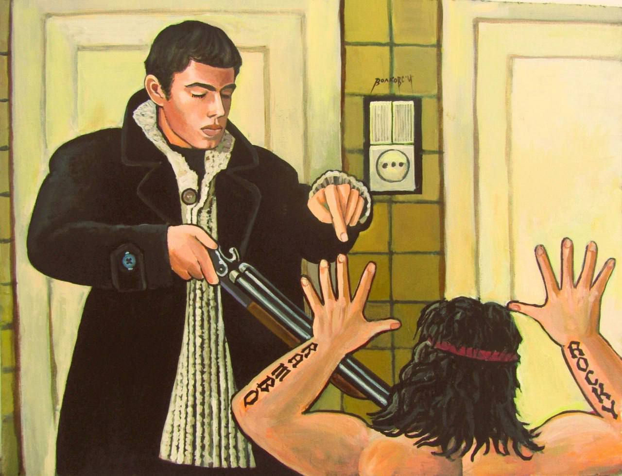 Мужчина направляет пистолет на вытянутые руки женщины, выглядит угрожающе.