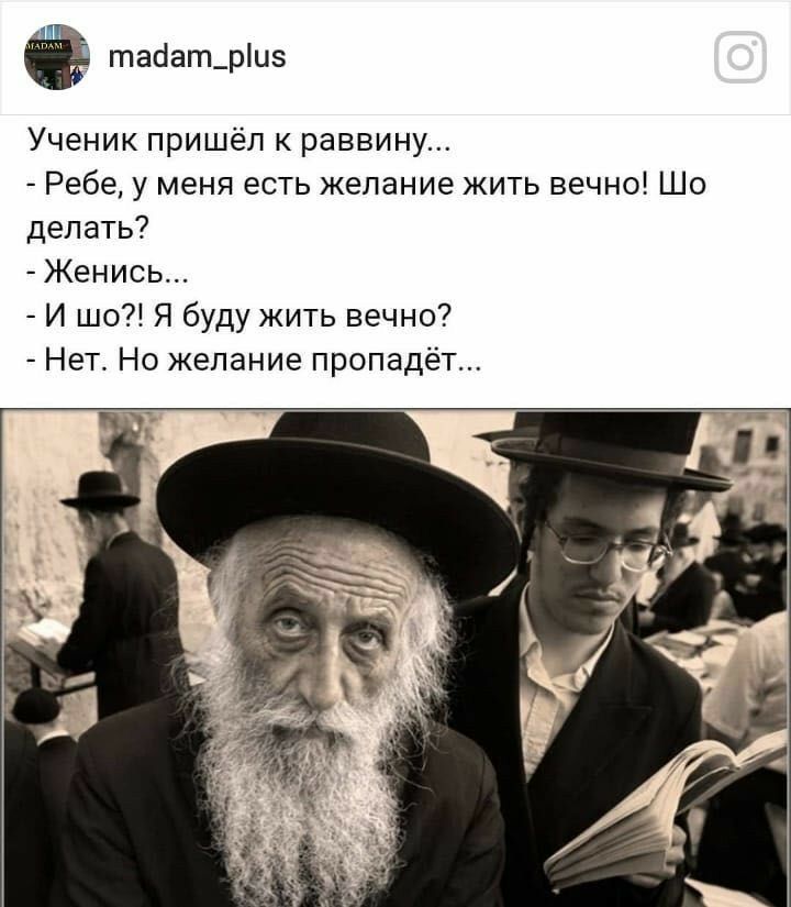 тааат_ри Ученик пришёл к раввину Ребе у меня есть желание жить вечно Шо делать Женись И шо Я буду жить вечно Нет Но желание пропадёт