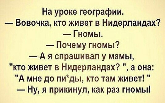 На уроке географии Вовочка кто живет в Нидерландах Гномы Почему гномы Ая спрашивал у мамы кто живет в Нидерландах а она А мне до пиды кто там живет Ну я прикинул как раз гномы