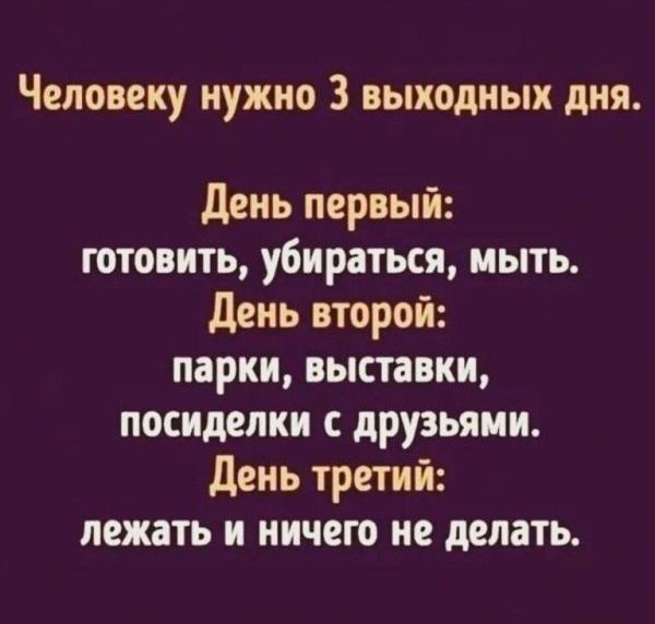 Человеку нужно 3 выходных дня День первый готовить убираться мыть День второй парки выставки посиделки с друзьями День третий лежать и ничего не делать