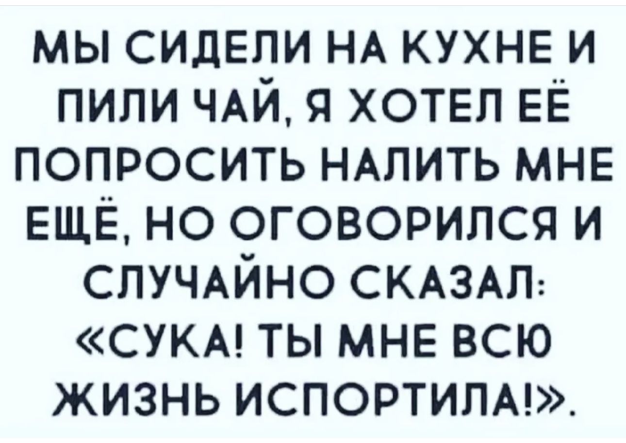 мы сидели НА кухне и пили ЧАЙ я хотел ЕЁ попросить НАЛИТЬ МНЕ ЕЩЁ но оговорился и СЛУЧАЙНО СКАЗАЛ сукм ты мне всю жизнь испортипм