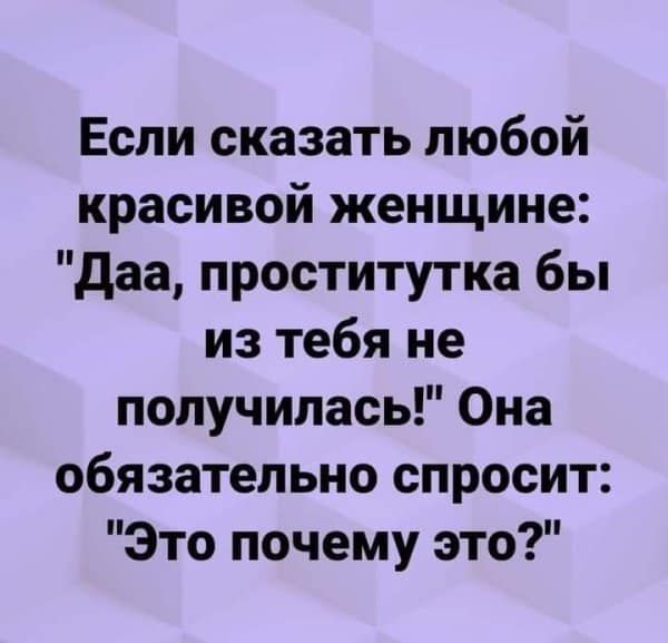 Если сказать любой красивой женщине даа проститутка бы из тебя не получилась Она обязательно спросит Это почему это