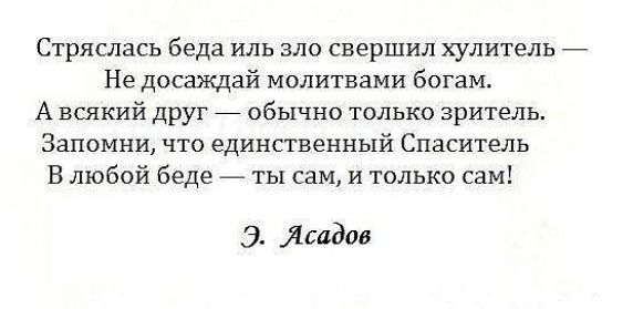 Стряслась беда иль зло свершил хулитель Не досаждай молитвами богам А всякий друг _ обычно только зритель Запомни что единственный Спаситель в любой беде _ ты сам и только сам 3 154805