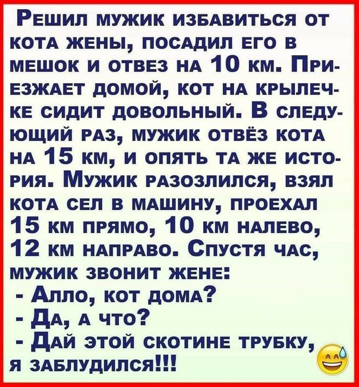 Решил мужик изедвиться от котА жены посАдил его в мешок и отвез НА 10 км При езждет домой кот нд крылеч ке сидит довольный В следу ющий РАЗ мужик отвез котд нд 15 км и опять ТА же исто рия Мужик РАзозпипся взял котА сел в МАшину проехдл 15 км прямо 10 км ндлево 12 км НАПРАВО Спустя чдс мужик звонит жеие Алло кот домд дА А что дАЙ этои скотине тгуеку о я ЗАелудипся