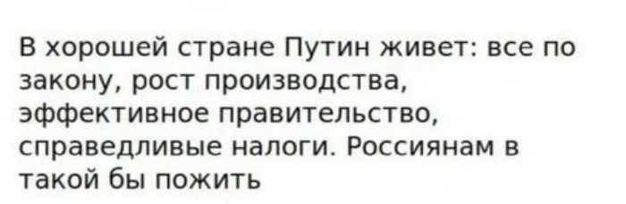 В хорошей стране Путин живет: все по закону, рост производства, эффективное правительство, справедливые налоги. Россиянам в такой бы пожить