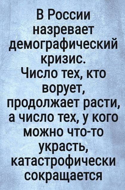 В России назревает демографический кризис. Число тех, кто ворует, продолжает расти, а число тех, у кого можно что-то украсть, катастрофически сокращается.