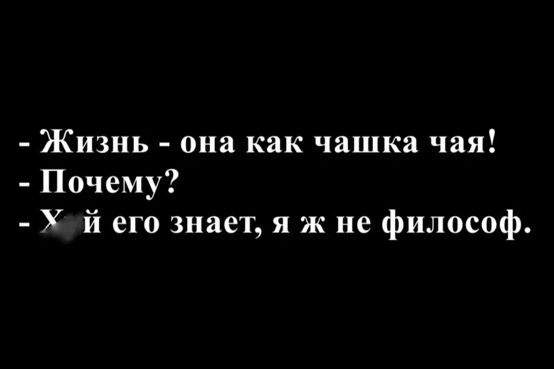 - Жизнь - она как чашка чая! 
- Почему? 
- Х*й его знает, я ж не философ.